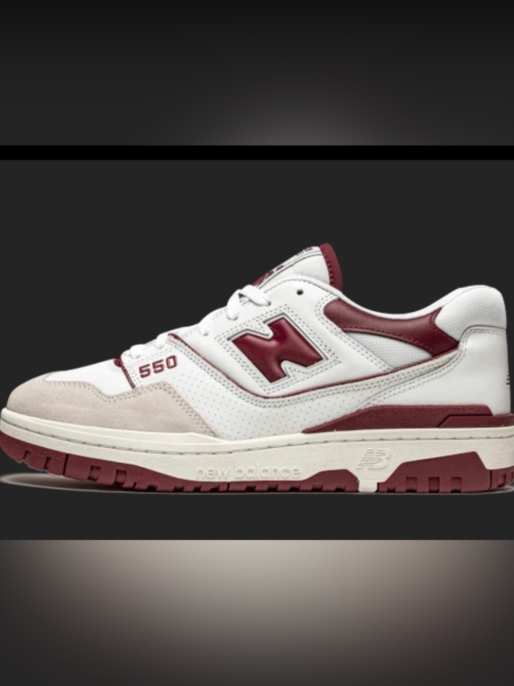 New Balance White and Burgundy Retro 550 Sneakers